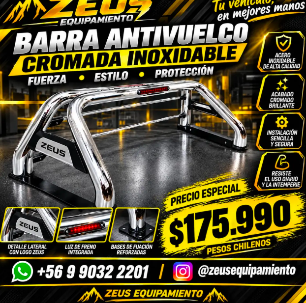 Barra antivuelco cromada inoxidable Zeus Equipamiento